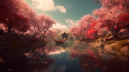 Fototapeta na wymiar japanese cherry blossoms landscape. Generative AI