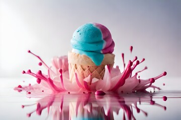 Flying or levitating ice cream cone, sweet dessert. Summer creative minimal concept, fast food, sweet meal, space for text	