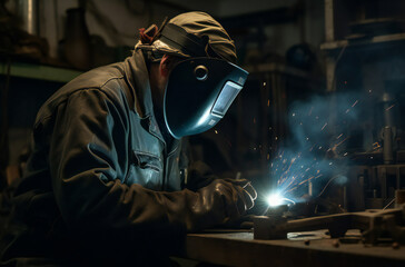 Fototapeta na wymiar Men at work in factory welding steel, producing sparks, fire, and smoke; safety masks protect skilled craftsmen amid metalwork, construction, and manual labor, ensuring production and industry safety.