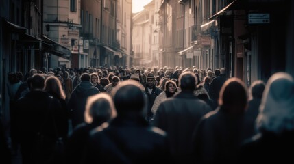 Obraz na płótnie Canvas he rush hour chaos: a blurry urban scene in people crowd in city motinon, generative ai