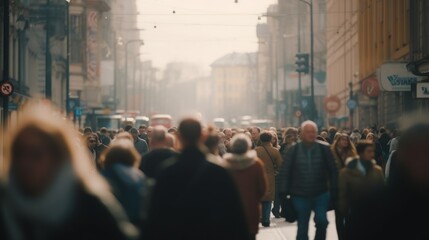 he rush hour chaos: a blurry urban scene in people crowd in city motinon, generative ai