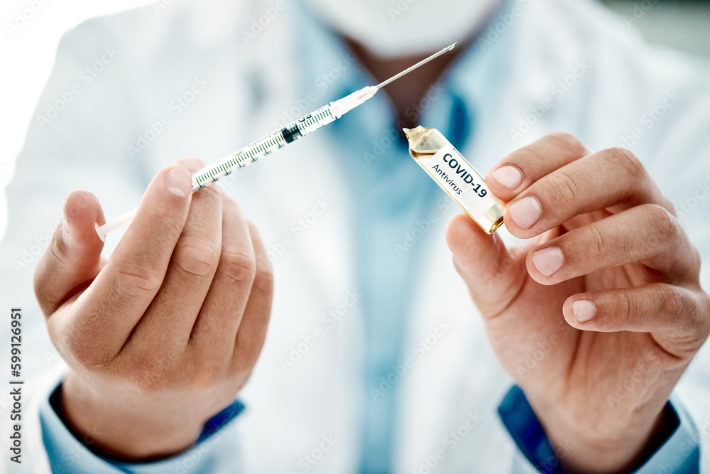 Poster Weve got a world to save. a scientist extracting medication using a syringe from an ampoule with 2019-nCov on it.