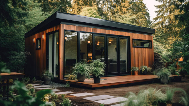 Tiny minimalist house in a garden. Generative AI