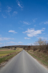 Fototapeta na wymiar Road in the countryside with agricultural fields, trees and a blue sunny sky in spring