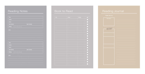 3 set of Reading Journal planner. Minimalist planner template set. Vector illustration.