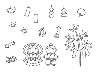 シンプルな七夕のイラストセット（線画）