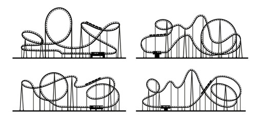 Roller coaster loop, rollercoaster silhouette or amusement park rides, vector track. Funfair carnival roller coaster loop silhouette, entertainment and theme park attraction rides on rollercoaster