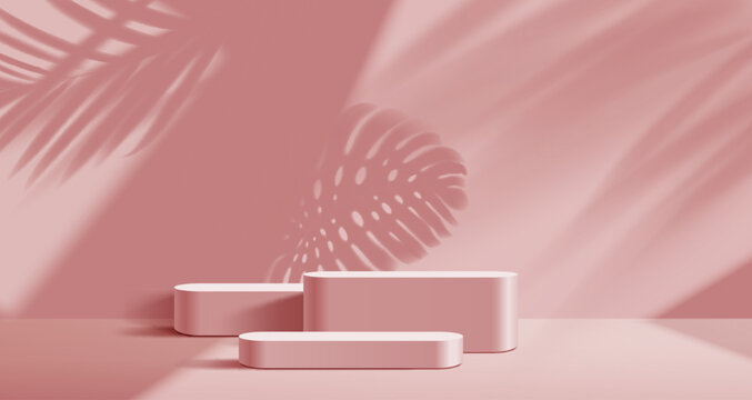 Pink podium mockup for product display background, vector 3D platform stand. Pink podium pedestal with palm leaves shadow on wall, cosmetic or luxury product display and studio showcase with podiums
