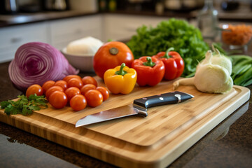 Fresh vegetables and fruits on a wooden cutting board on the kitchen table. Ai generative