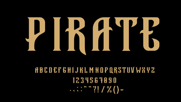 Medieval pirate corsair font, type or typeface. Western alphabet, vector fantasy abc letters, signs and digits in bold filibuster style. Uppercase typeset characters, vintage script symbols