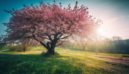 Fototapeta na wymiar Cherry blossom tree in meadow at dawn generated by AI