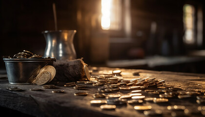 Craftsperson workshop rustic table, metal equipment, coffee generated by AI