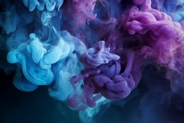 Mist texture. Color smoke. Paint water mix. Mysterious storm sky. Blue purple glowing fog cloud wave abstract art background