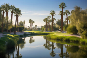 Obraz premium A tropical golf course surrounded by palm trees and water under a bright summer sun created with Generative AI technology