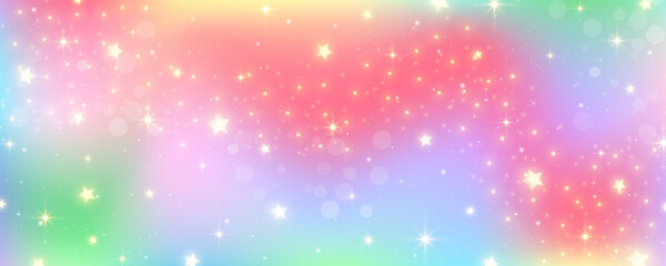 Rainbow pastel background with stars. Unicorn glitter galaxy. Abstract fantasy space. Holographic iridescent design with sparkles. Vector cosmic bg. © Chorna_L