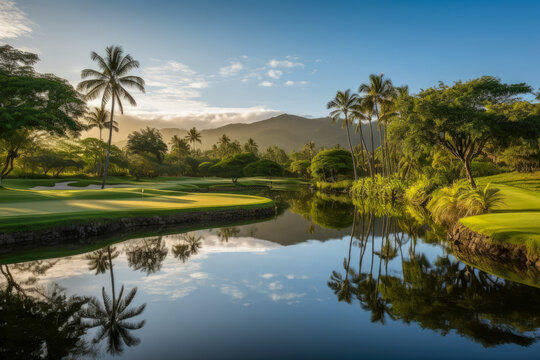 A tropical golf course with palm trees and water hazards created with Generative AI technology
