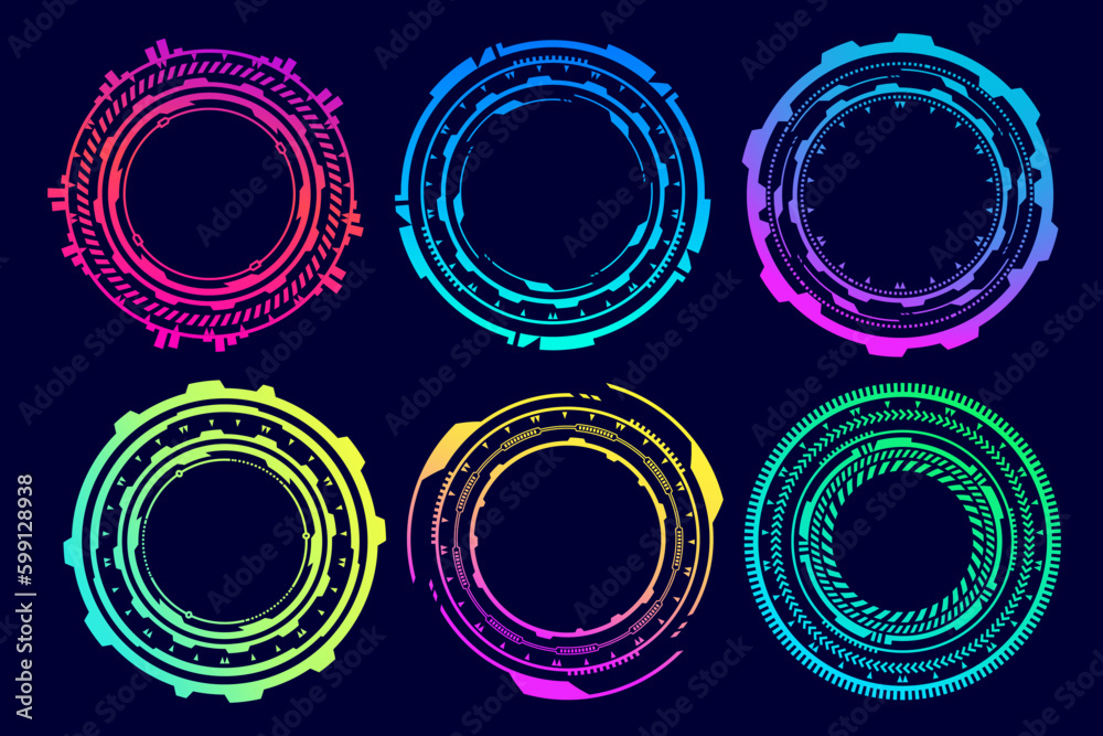 Wall mural hud futuristic elements. abstract optical neon aim. circle geometric shapes for virtual interface an