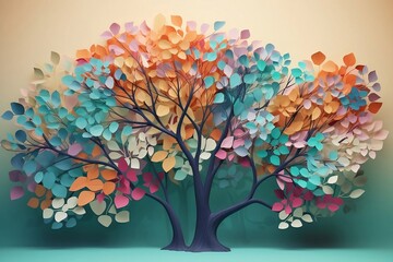 Colorful tree with leaves on hanging branches illustration background. 3d abstraction wallpaper for interior mural wall art decor. Floral tree with multicolor leaves