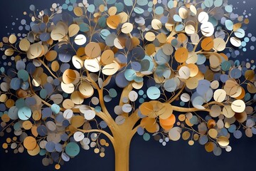 Colorful tree with leaves on hanging branches of blue, white, and golden illustration background. 3d abstraction wallpaper for interior mural wall art decor. floral tree with multicolor leaves