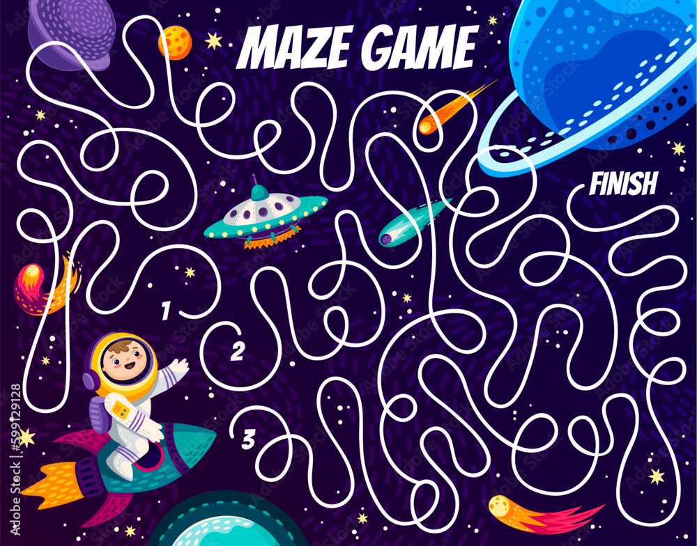 Poster space labyrinth maze, help to astronaut to find his planet in galaxy. kids vector board game workshe