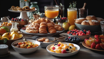 Fototapeta na wymiar Fresh fruit and croissant breakfast on rustic table generated by AI