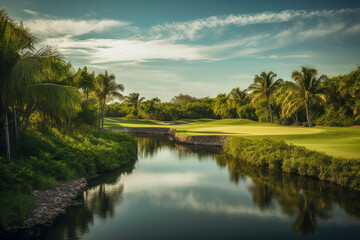 Fototapeta premium A serene river flowing through a vibrant green tropical golf course on a sunny summer day created with Generative AI technology