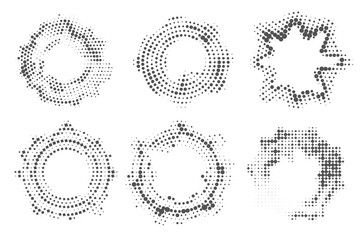Dotted circle pattern. Abstract halftone round. Vector frame with random gradient gradation. Grunge rings design on white background.