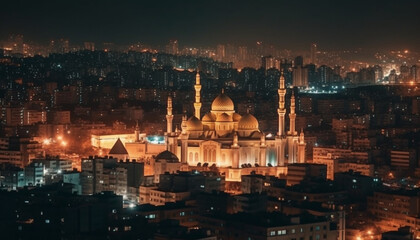 Obraz premium Illuminated minarets light up the city skyline generated by AI