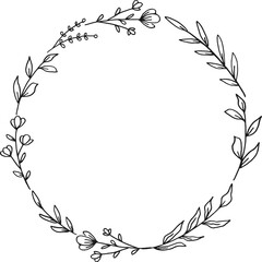 Circle Floral border with hand drawn flowers and leaves