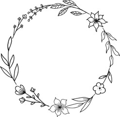 Circle Floral border with hand drawn flowers and leaves