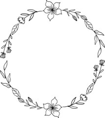 Circle Floral border with hand drawn flowers and leaves