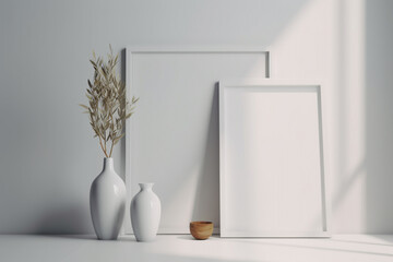 empty frames and vases on a white wall. Generative Ai