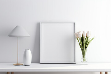 there is a picture frame on a table with a vase of flowers. Generative Ai