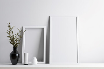 there are two empty frames on a shelf next to a vase. Generative Ai