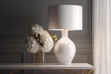 white table lamp with a white shade sits on a table with flowers. Generative Ai