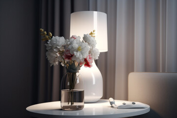 there is a vase of flowers on a table with a lamp. Generative Ai