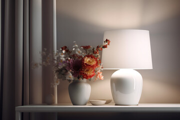 Fototapeta na wymiar white lamp and a white vase with flowers in it. Generative Ai