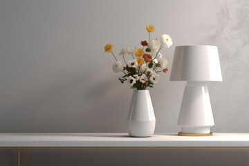 vase with flowers in it sitting next to a lamp. Generative Ai