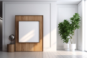 white room with a wooden frame and plants. Generative Ai
