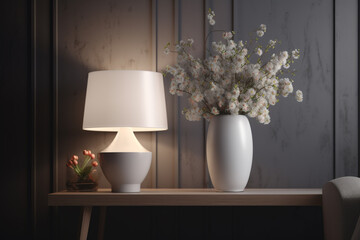 there is a vase with flowers on a table next to a lamp. Generative Ai