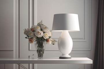 there is a vase of flowers on a table with a lamp. Generative Ai
