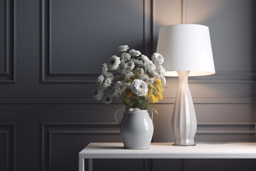 table with a lamp and flowers on it. Generative Ai