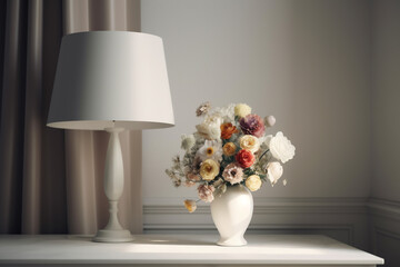 vase with flowers on a table next to a lamp. Generative Ai