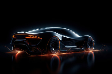 Futuristic neon electric car, transport of future. Silhouette of glowing smooth vehicle in dark studio. Generative AI