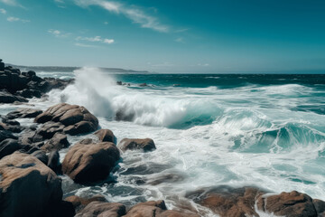 A powerful wave crashing against rocky shore in a tropical paradise created with Generative AI technology