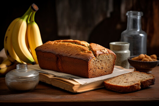 Freshly baked banana bread on a rustic wooden table. generative AI
