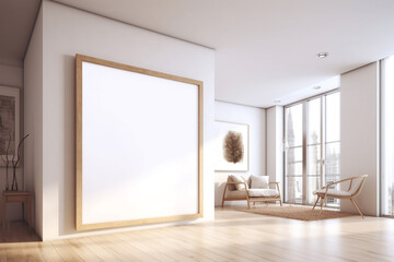 minimalist home interior design. large white room with a large picture frame. Generative Ai