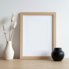 minimalist home interior design. empty frame and vase on wooden table. Generative Ai