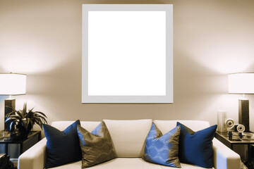 minimalist home interior design. white couch with blue pillows and a large picture frame. Generative Ai
