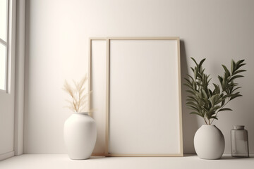 blank white frame on a shelf with two vases and a plant. Generative Ai